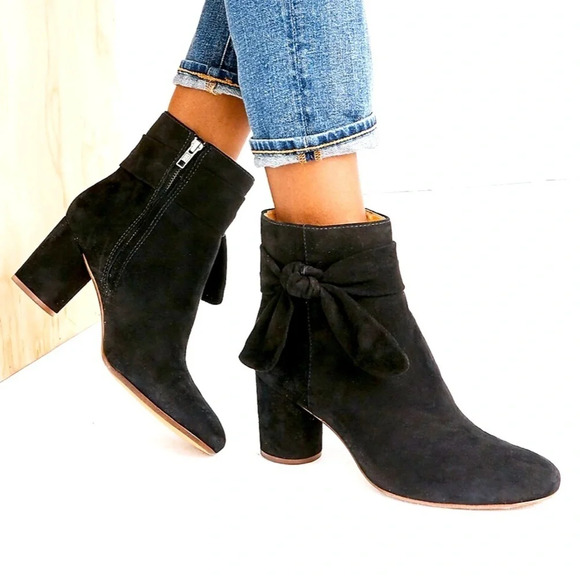 Madewell Esme Black Suede Bow Boot Circle Block Heel - Picture 1 of 13